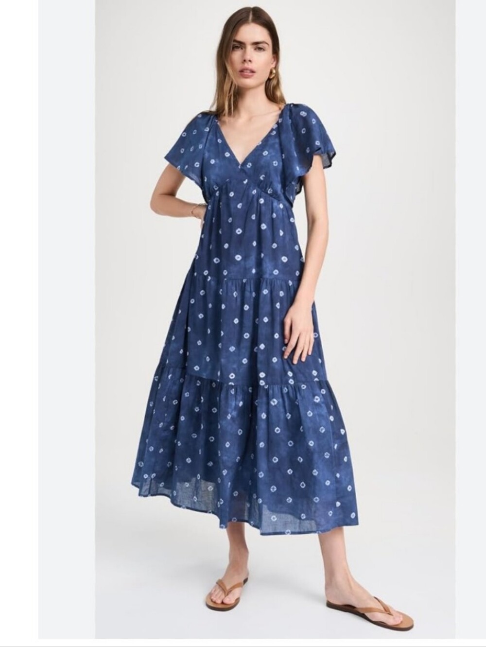 Madewell Dress Shibori Print Blue Tiered Midi Ruffle Shoulders